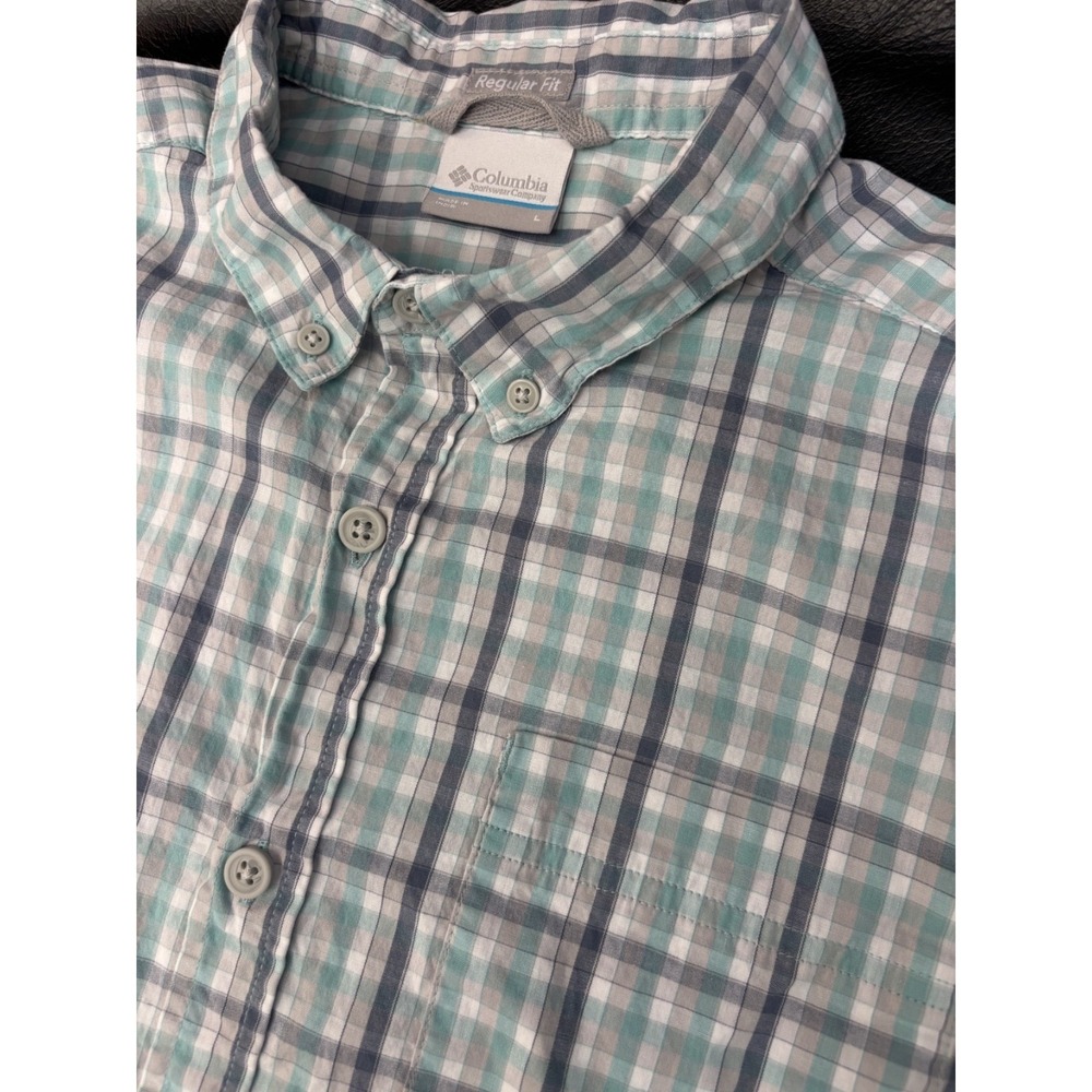 Columbia Shirt Blue/Gray/White Plaid Short Sleeve Button Up Regular Fit Mens L - Picture 3 of 7